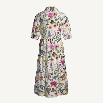 V Neck Collared Whimsical Woodland Birds Wildflowers Print Casual Midi Dress With Pockets