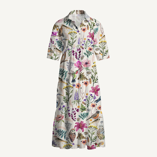 V Neck Collared Whimsical Woodland Birds Wildflowers Print Casual Midi Dress With Pockets