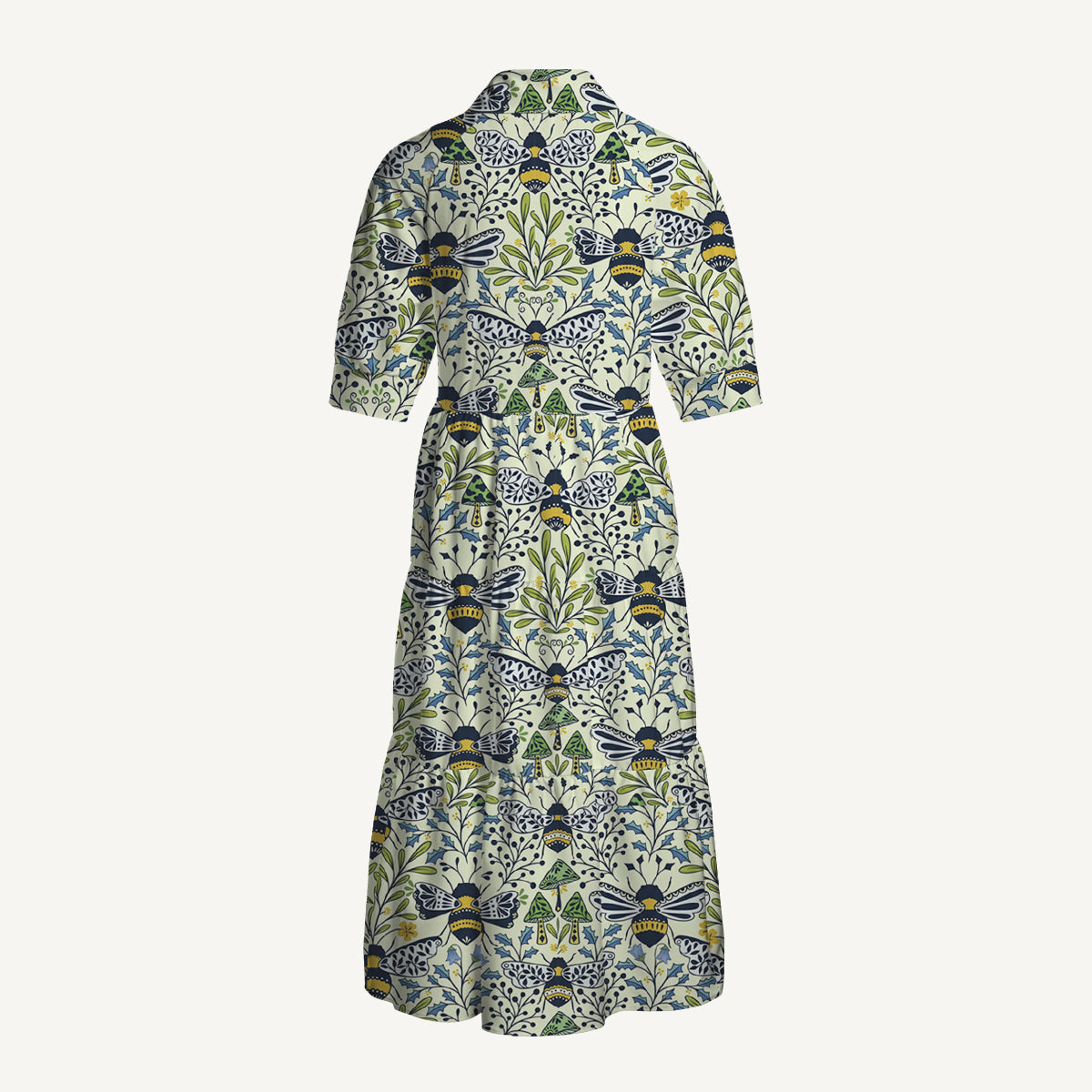 V Neck Collared Botanical Bee Garden Wildflowers Print Casual Midi Dress With Pockets