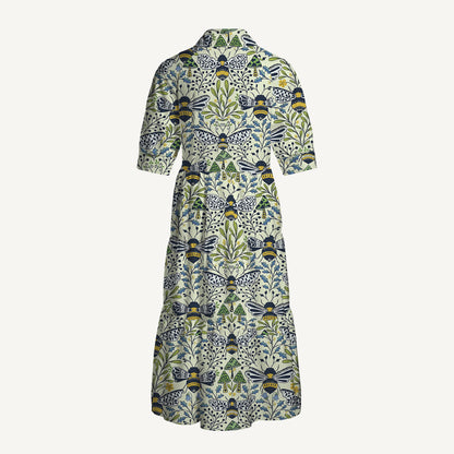V Neck Collared Botanical Bee Garden Wildflowers Print Casual Midi Dress With Pockets