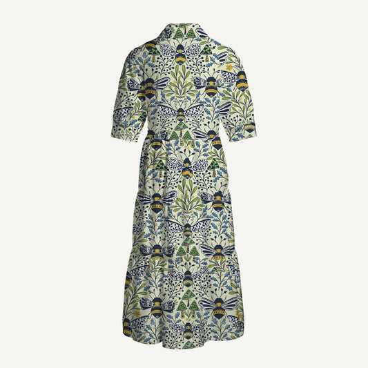 V Neck Collared Botanical Bee Garden Wildflowers Print Casual Midi Dress With Pockets