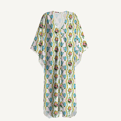V‑Neck Vintage Bouquet Rose Kimono Sleeve Kaftan Dress