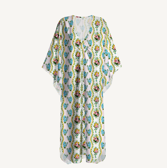 V‑Neck Vintage Bouquet Rose Kimono Sleeve Kaftan Dress