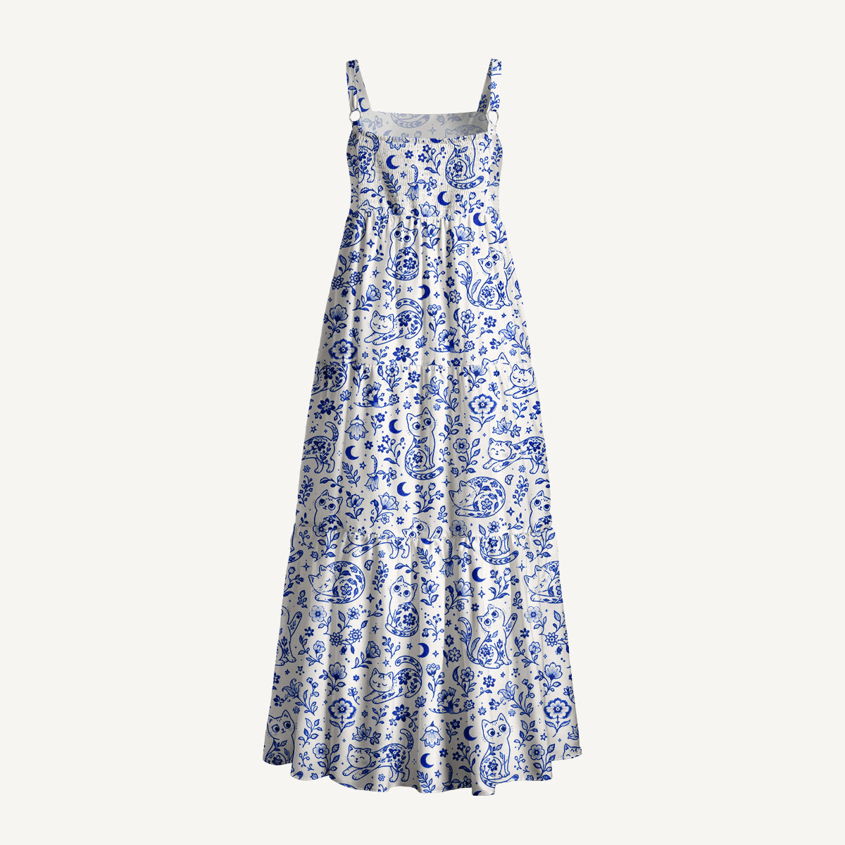 Delft Blue Bloom Cat Dream Print Wide Straps Maxi Dress With Pockets