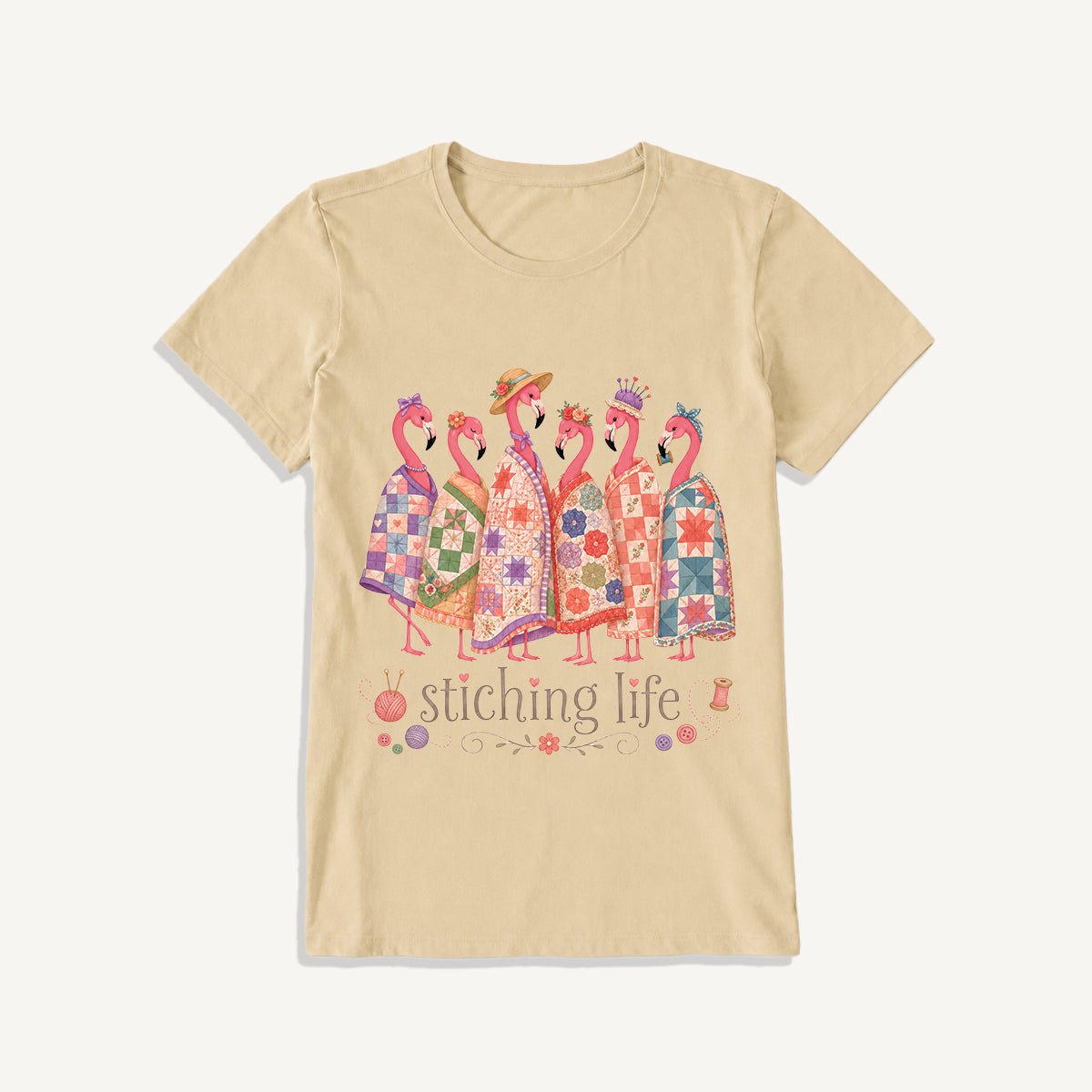 Quilted Flamingo Craft Club Print Crew Neck Cotton Tee