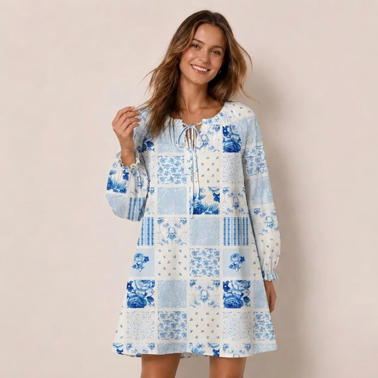 Delft Blue Floral Patchwork Print Boho Tie‑Neck Smock Mini Dress
