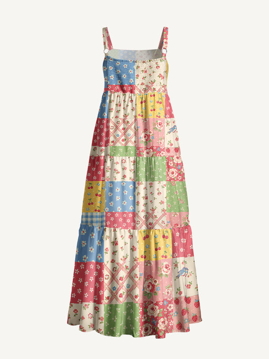 Sweet Memory Quilt Print Wide Straps Maxi Dress With Pockets