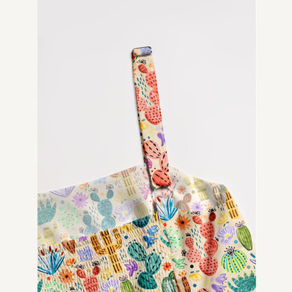 Colorful Watercolor Cactus Garden Print Wide Straps Maxi Dress With Pockets