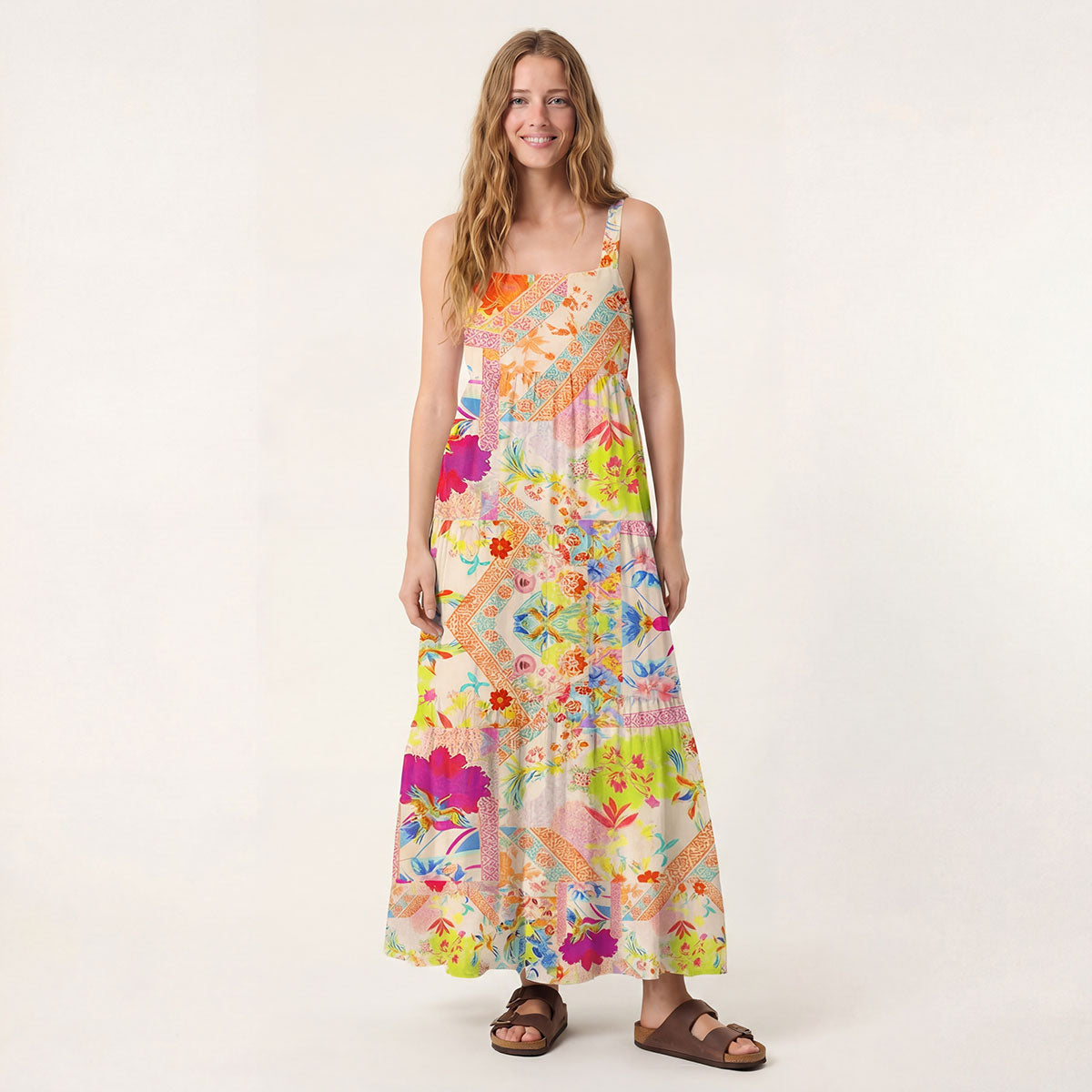 Square Neck Vivid Lily Print Wide Straps Maxi Dress With Pockets