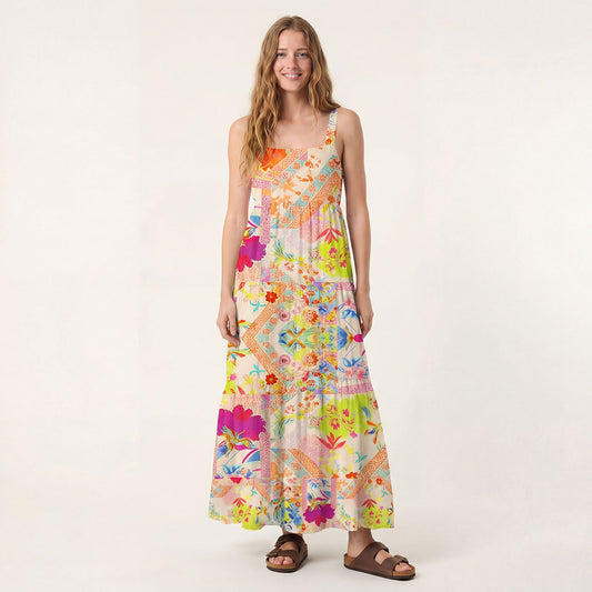 Square Neck Vivid Lily Print Wide Straps Maxi Dress With Pockets