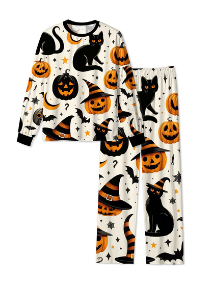 Vintage Retro Americana Black Cat Pumpkin Moon Halloween Pajamas