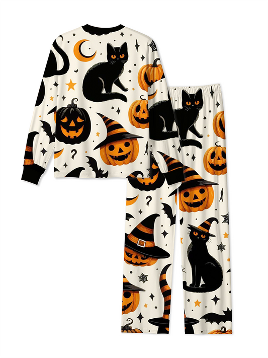 Vintage Retro Americana Black Cat Pumpkin Moon Halloween Pajamas