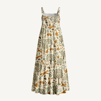 Woodland Creatures Print Wide Straps Maxi Dress With Pockets