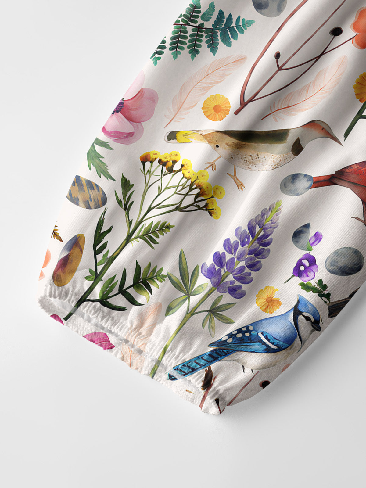 Whimsical Woodland Birds Wildflowers Print Boho Long Sleeve Tie‑Neck Blouse