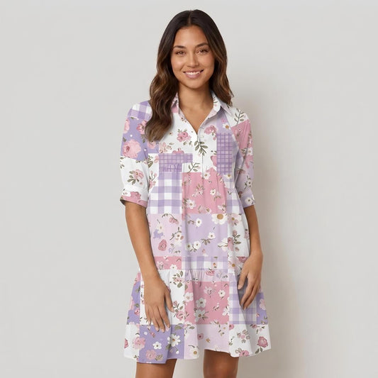V Neck Collared Sweet Cottage Patchwork Print Mini Dress For Women With Pockets
