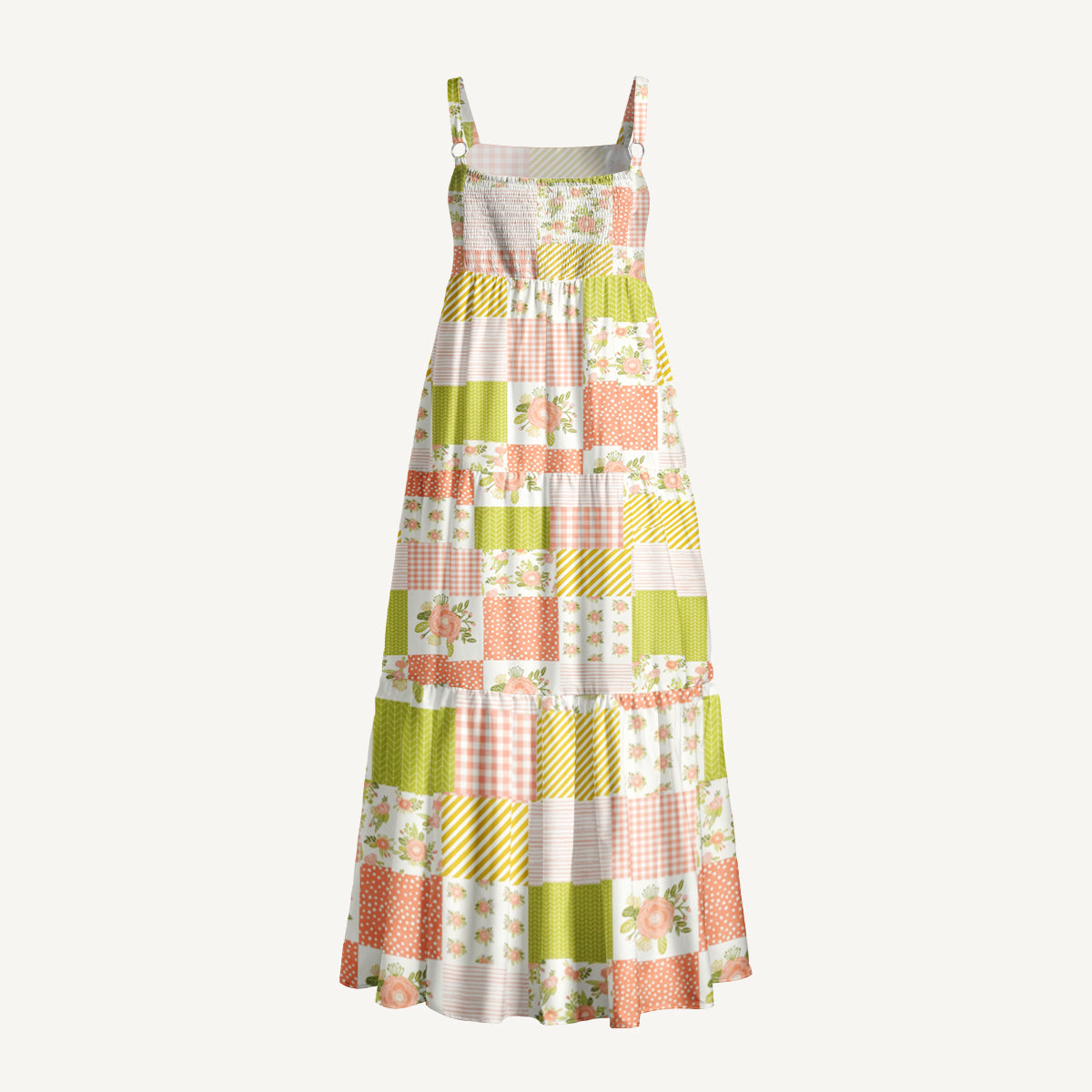 Blush Coral Floral Patchwork Print Wide Straps Maxi Dress With Pockets