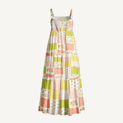 Blush Coral Floral Patchwork Print Wide Straps Maxi Dress With Pockets