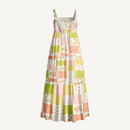 Blush Coral Floral Patchwork Print Wide Straps Maxi Dress With Pockets
