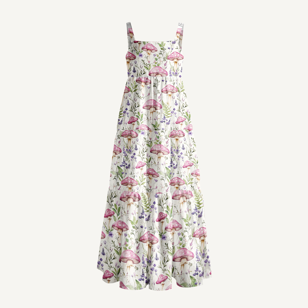 Mushroom Leaves Print Wide Straps Maxi Dress With Pockets