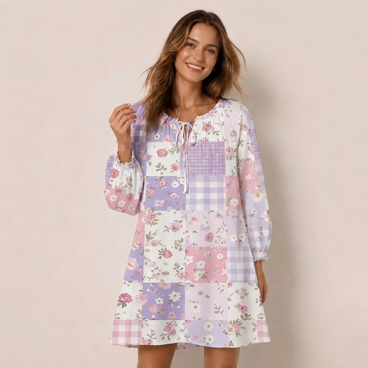 Sweet Cottage Patchwork Print Boho Long Sleeve Tie‑Neck Smock Mini Dress