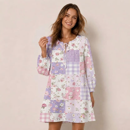 Sweet Cottage Patchwork Print Boho Long Sleeve Tie‑Neck Smock Mini Dress