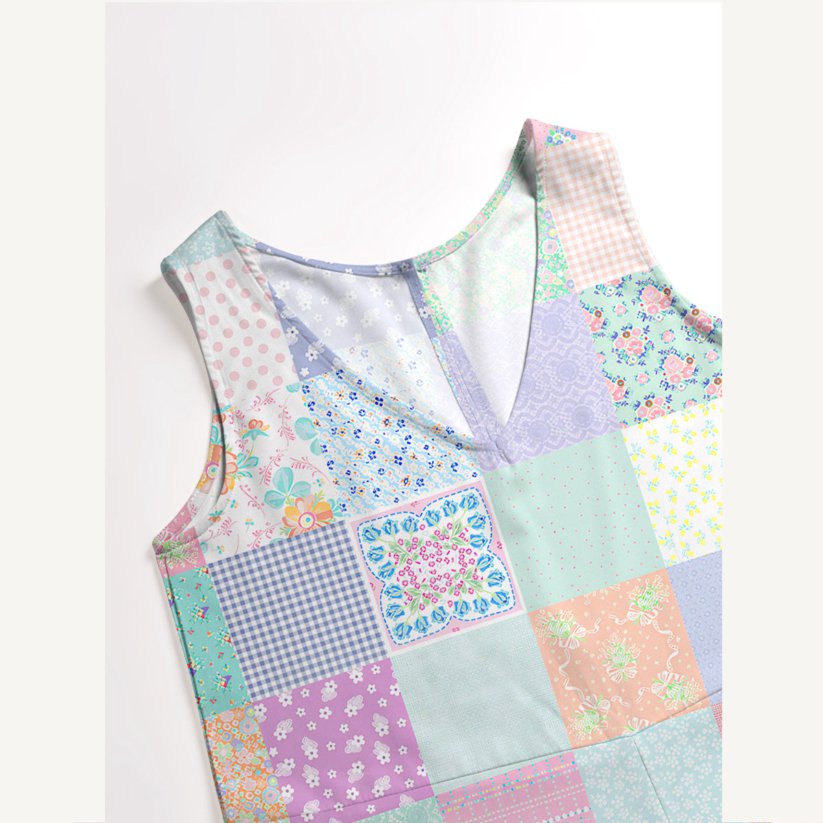 Vintage Quilt Patchwork Print Boho Jumpsuit with Pockets for Women