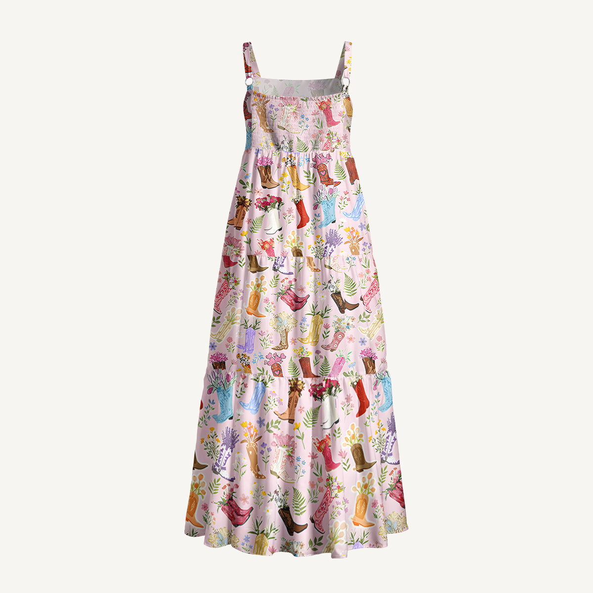 Vintage Floral Cowboy Boots Print Wide Straps Maxi Dress With Pockets