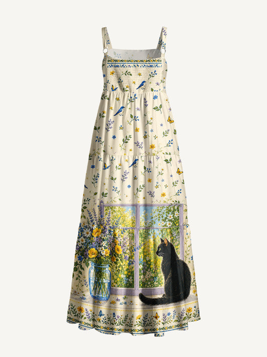 Black Cat Garden Print Wide Straps Maxi Dress With Pockets