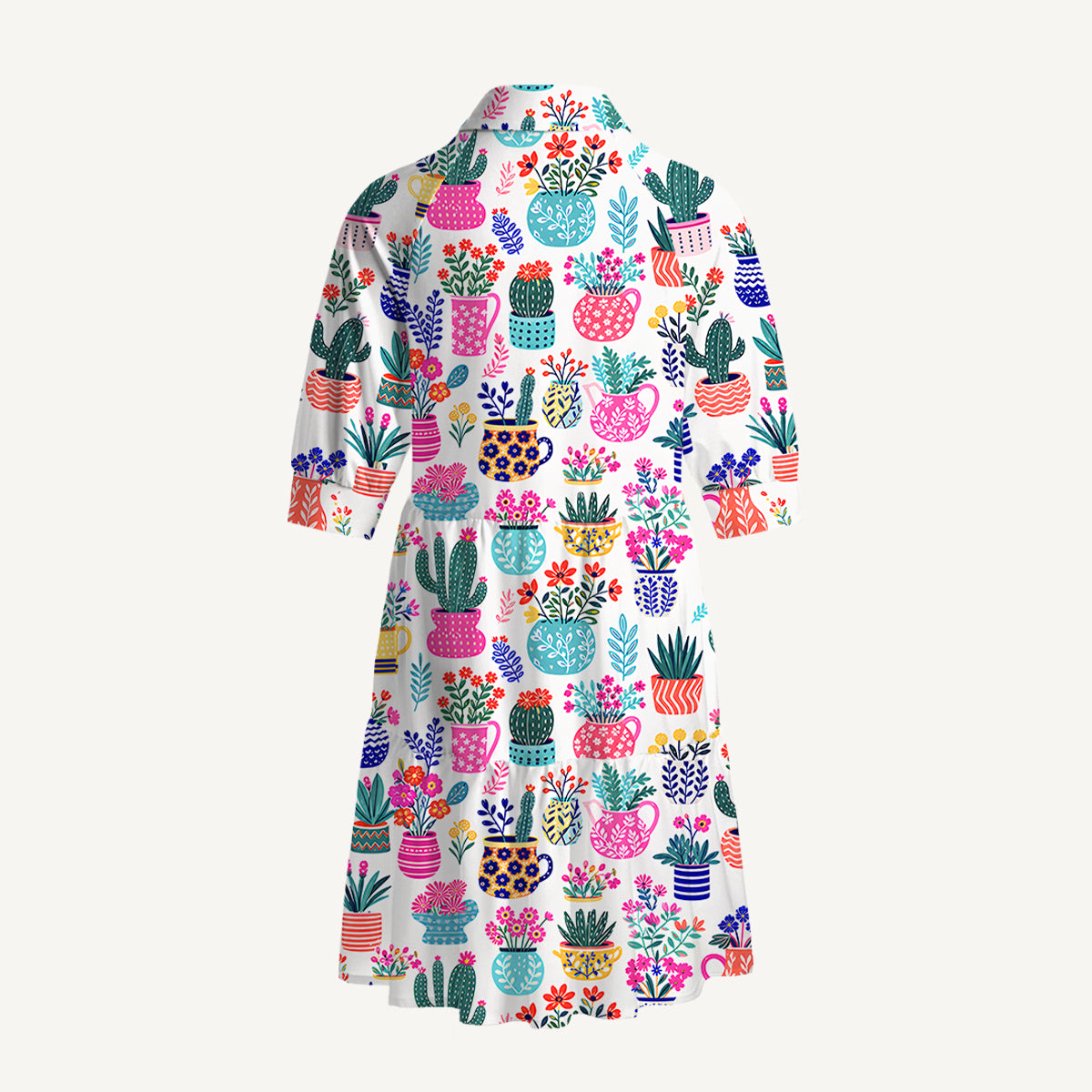 V Neck Collared Cactus and Flowers Mini Dress For Women With Pockets