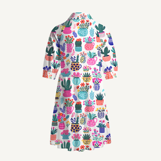 V Neck Collared Cactus and Flowers Mini Dress For Women With Pockets