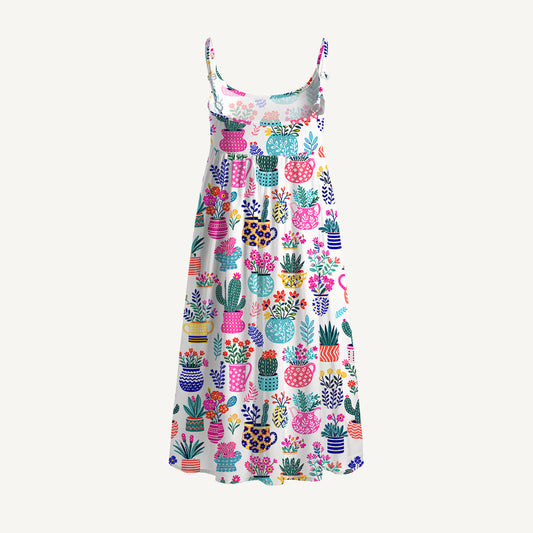 Cactus and Flowers Print Spaghetti Strap Mini Dress
