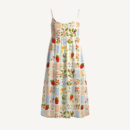 Strawberry Garden Patchwork Print Spaghetti Strap Mini Dress