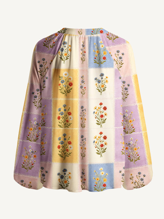Soft Pastel Check Wildflower Print Boho Long Sleeve Tie‑Neck Blouse