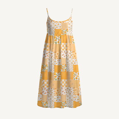 Lemon Sunshine Patchwork Print Spaghetti Strap Mini Dress