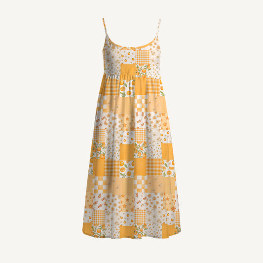 Lemon Sunshine Patchwork Print Spaghetti Strap Mini Dress
