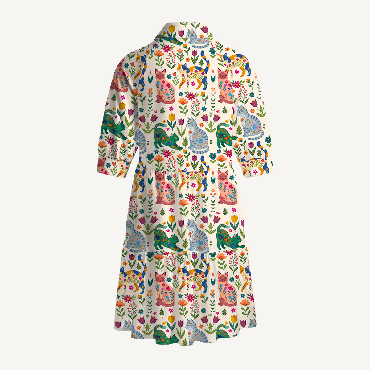 V Neck Collared Cute Flower Cat Mini Dress For Women With Pockets