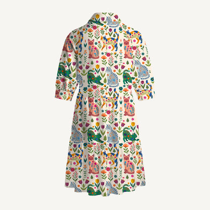 V Neck Collared Cute Flower Cat Mini Dress For Women With Pockets