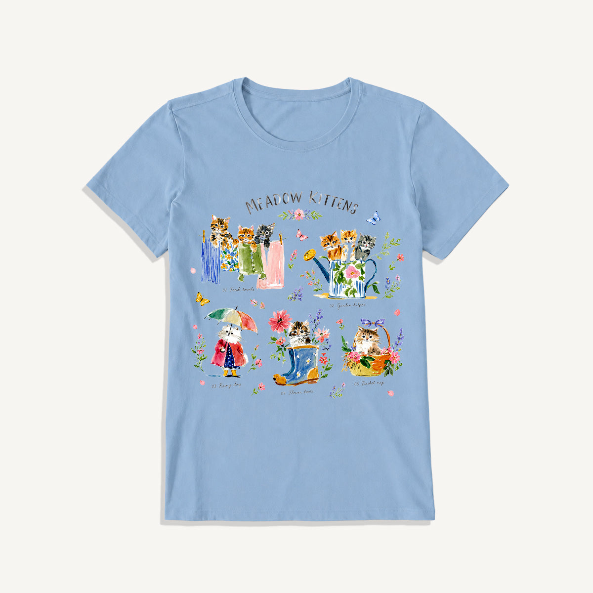Watercolor Meadow Kittens Guide Print Crew Neck Cotton Tee