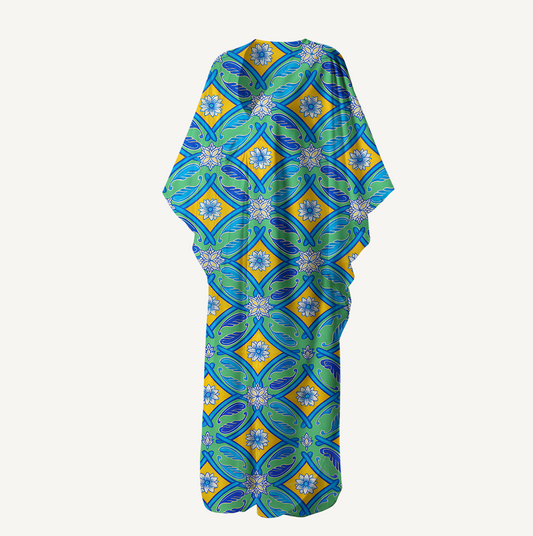 V‑Neck Azure Tile Kimono Sleeve Kaftan Dress