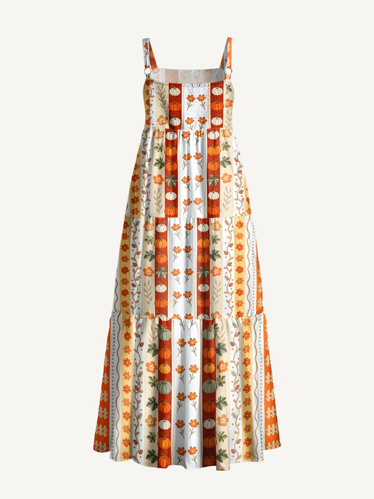 Autumn Pumpkin Patch Stripe Print Wide Straps Maxi Dress With Pockets