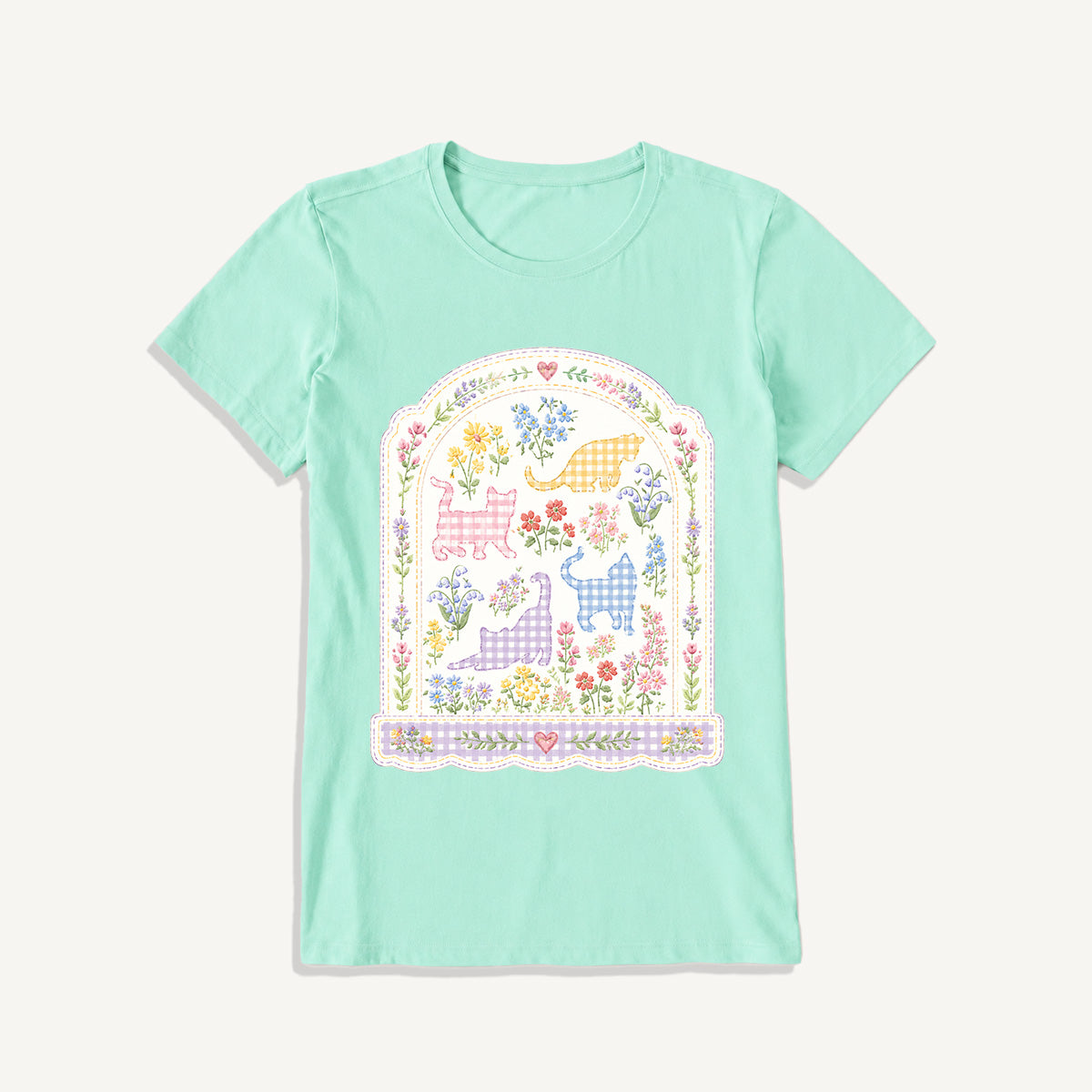 Gingham Cats Arch Frame Print Crew Neck Cotton Tee