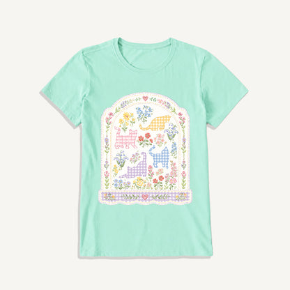 Gingham Cats Arch Frame Print Crew Neck Cotton Tee