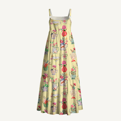 Colorful Flower Vase Print Wide Straps Maxi Dress With Pockets