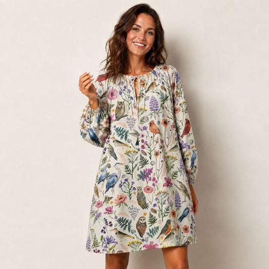 Whimsical Woodland Birds Wildflowers Print Boho Tie‑Neck Smock Mini Dress