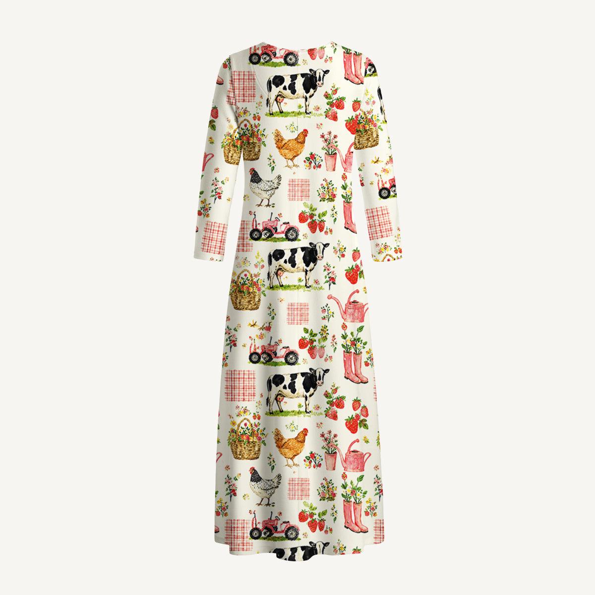 Watercolor Pink Farm Chicken Print Soft-Touch Stretch Knit Long Sleeve Maxi Dress with Pockets