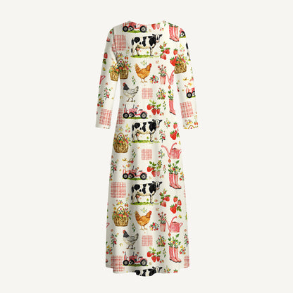 Watercolor Pink Farm Chicken Print Soft-Touch Stretch Knit Long Sleeve Maxi Dress with Pockets