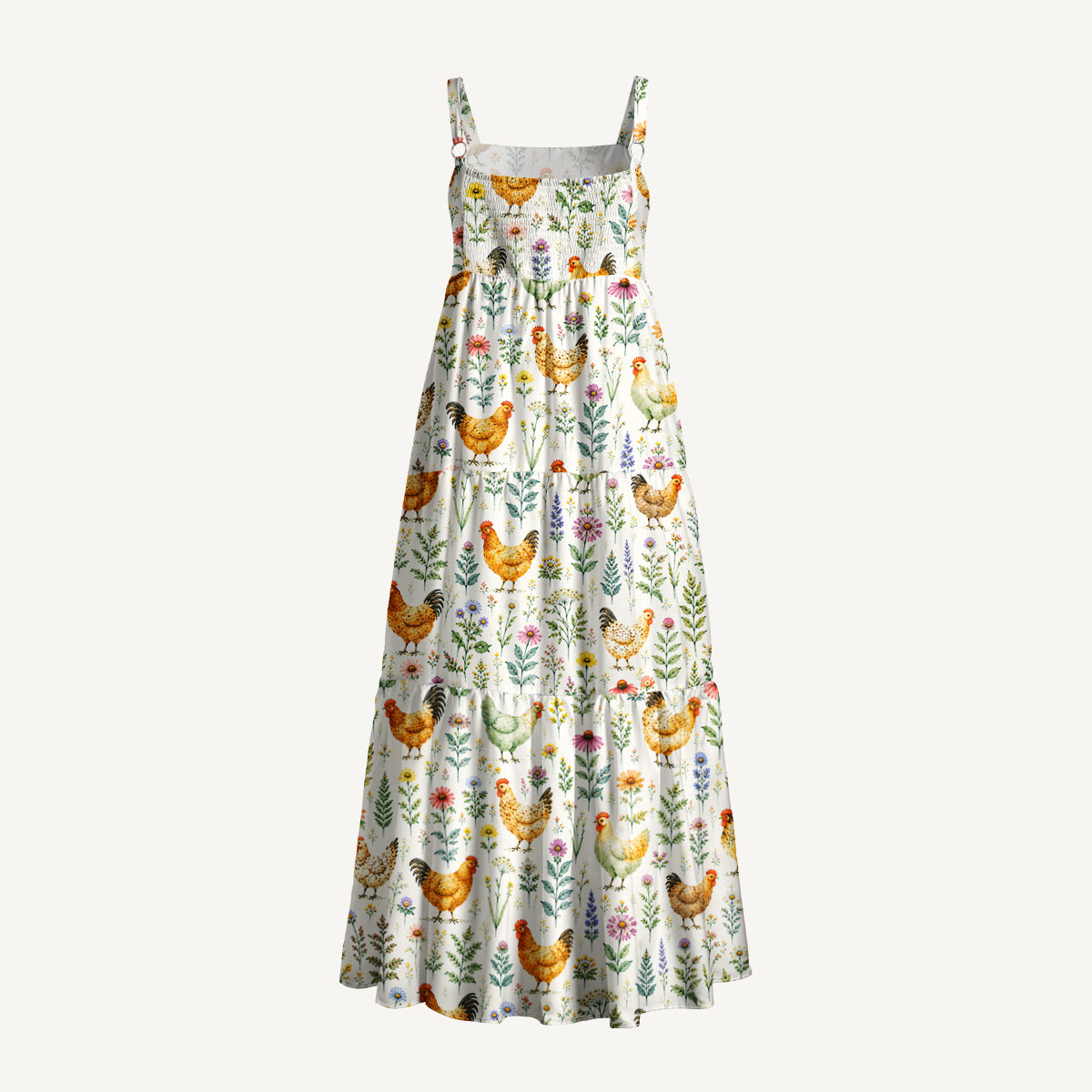 Watercolor Chickens Leaves Print Wide Straps Maxi Dress With Pockets