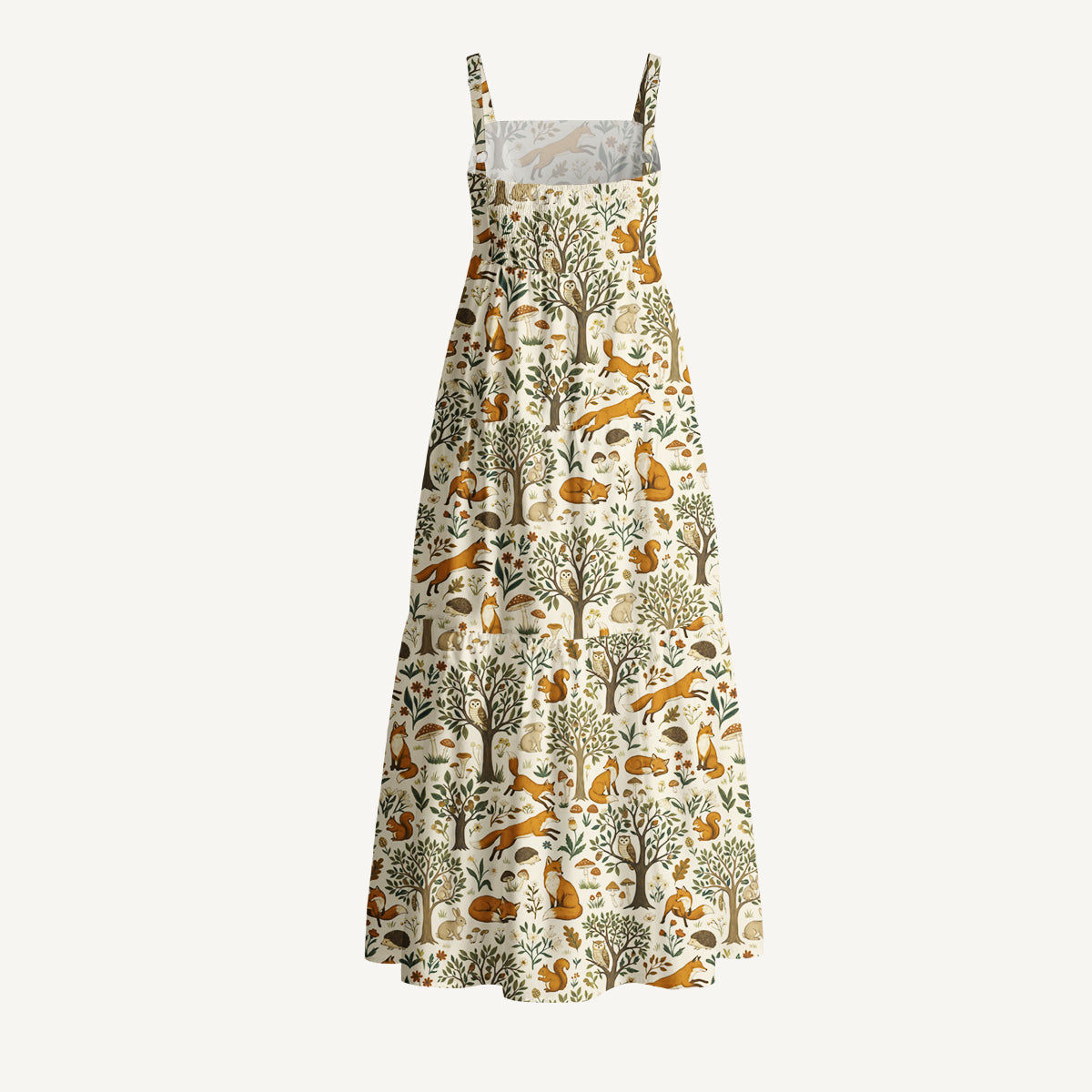 Woodland Creatures Print Cotton Wide Straps Maxi Dress With Pockets