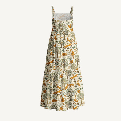 Woodland Creatures Print Cotton Wide Straps Maxi Dress With Pockets