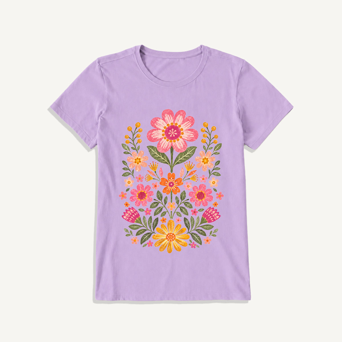 Retro Folk Garden Bloom Print Crew Neck Cotton Tee